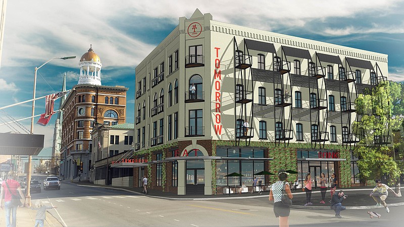 This rendering shows the Tomorrow Building after renovations. Lamp Post Group and River City Co. are refurbishing the former Yesterday's building into apartments.