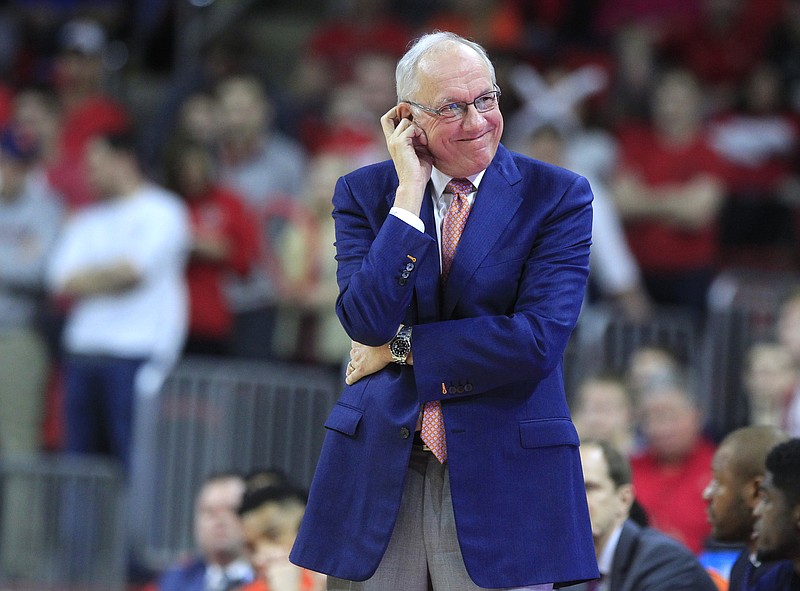 
              Syracuse head coach Jim Boeheim watches  during the second half of an NCAA college basketball game against North Carolina State at PNC Arena, Saturday, March 7, 2015,  in Raleigh, N.C. (AP Photo/The News & Observer, Ethan Hyman) MANDATORY CREDIT
            