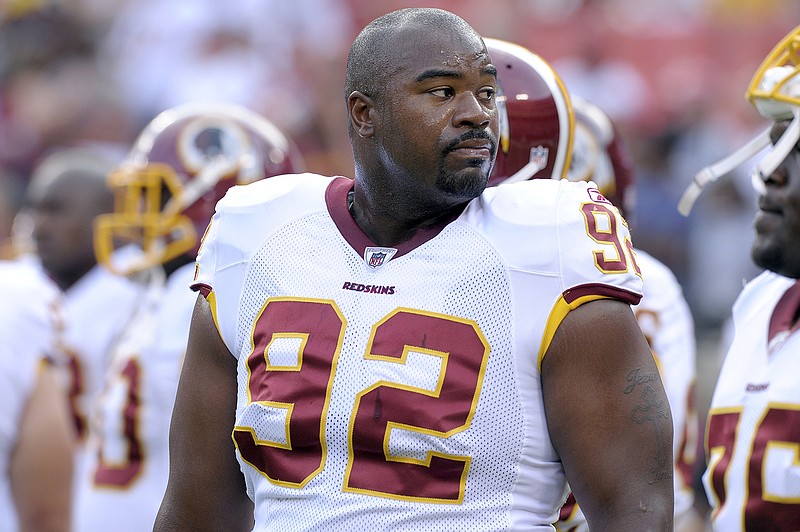 This Aug. 21, 2010, file photo shows Washington Redskins defensive lineman Albert Haynesworth before an NFL preseason football game against Baltimore Ravens in Landover, Md.