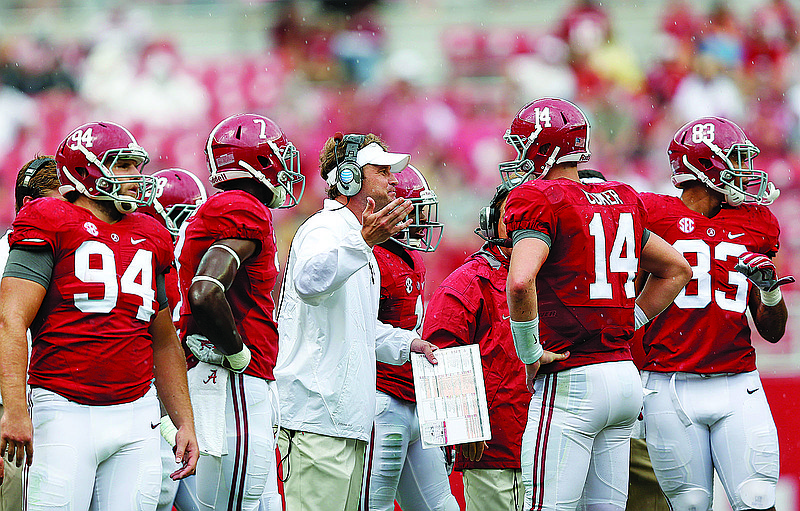 Alabama offensive coordinator Lane Kiffin speaks with Alabama quarterback Jake Coker (14) in the second half against Florida Atlantic during an NCAA college football game Saturday, Sept. 6, 2014, in Tuscaloosa, Ala. (AP Photo/Brynn Anderson)