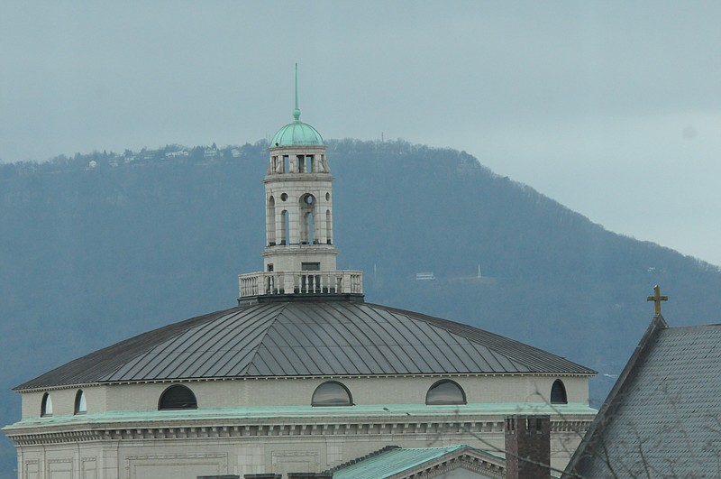 Lookout Mountain and the roof top of First Presbyterian Church can be seen from the top floor of the UTC Library.