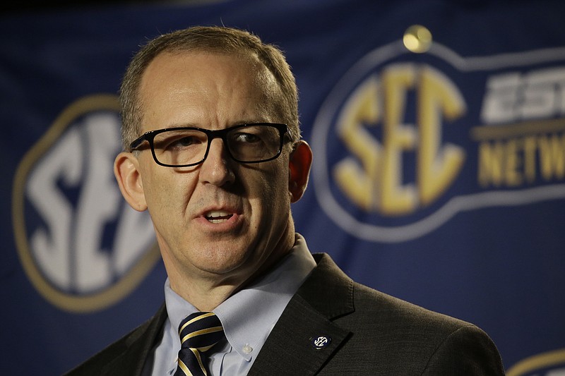 New SEC Commissioner Greg Sankey speaks before an NCAA college basketball game in the quarter final round of the Southeastern Conference tournament Friday, March 13, 2015, in Nashville.