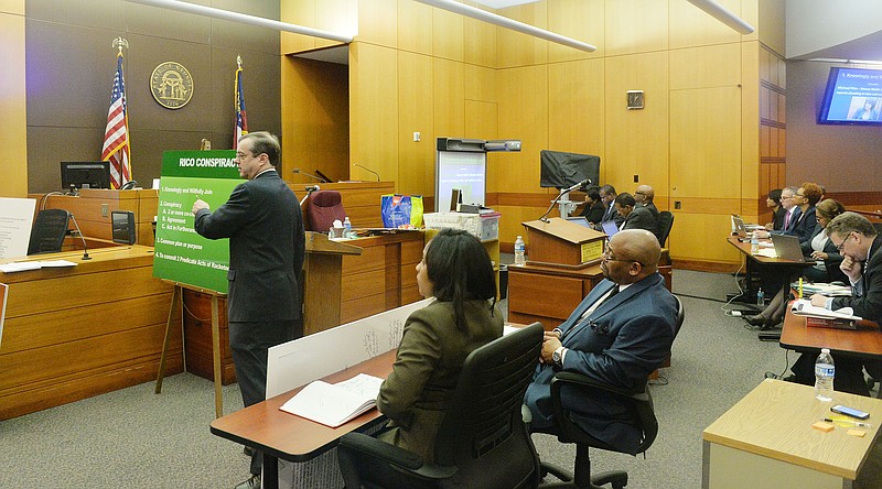 Fulton County prosecutor John Floyd continues the state's closing argument in the Atlanta Public Schools test-cheating trial before Judge Jerry Baxter in Fulton County Superior Court on Monday, March 16, 2015, in Atlanta.