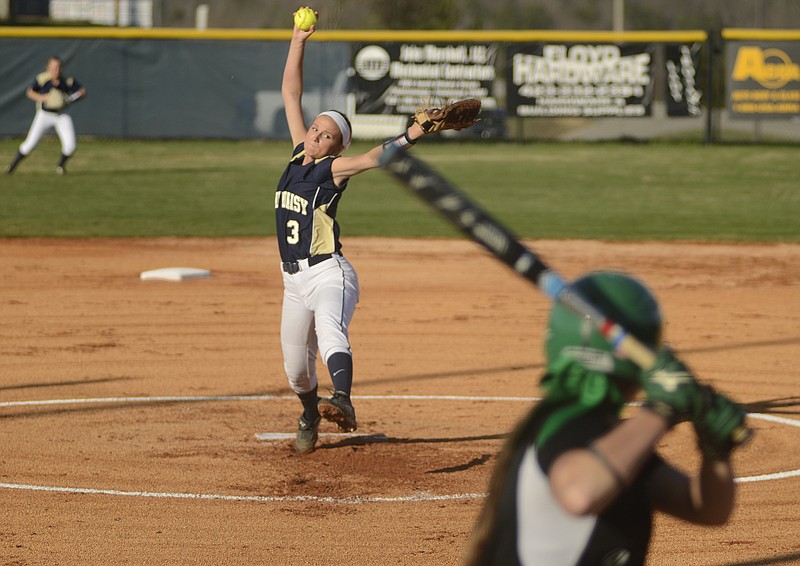 Soddy-Daisy pitcher Emily Edwards prepares to throw to East Hamilton batter Savannah Daniel as Soddy-Daisy hosts East Hamilton High School in a girls' softball game Monday, Mar. 23, 2015, in Soddy-Daisy, Tenn.