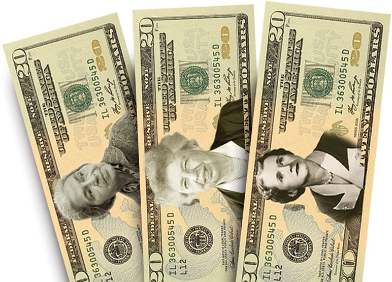 The faces of Rosa Parks, Eleanor Roosevelt and Rachel Carson appear on $20 bills.