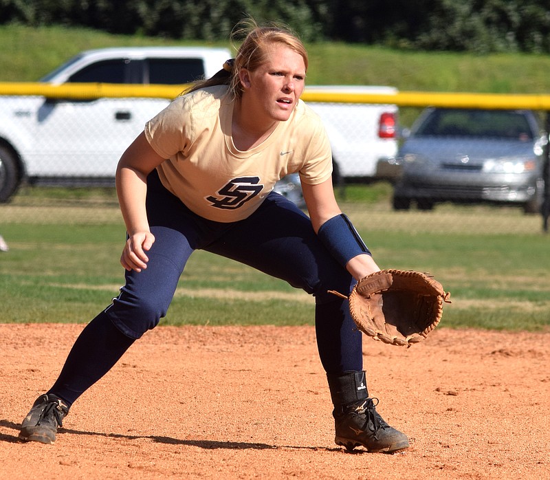 Soddy Daisy third baseman Grayson Brown readies for the play. The Soddy Daisy Lady Trojans visited the GPS Bruisers in TSSAA softball action Wednesday at GPS. 