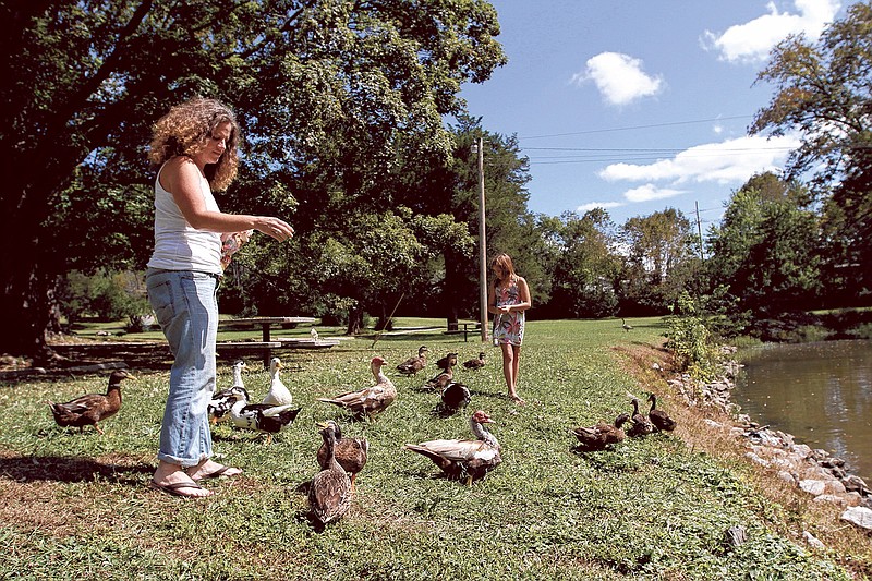 Deanna St. John, left, and her 11-year-old daughter Sarah St.John feed ducks at the Chattanooga Memorial Park in Red Bank. The duo try to make their way to visit the ducks, some of which they have named, on a daily basis. 