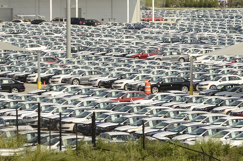 New cars await at the Chattanooga Volkswagen plant.