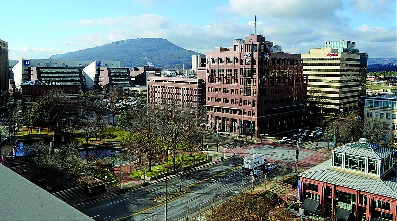 The TVA Office Complex, the EPB building and the Krystal building, from left, are seen in this photo from the elevator of the Cornerstone Bank building in downtown Chattanooga. At bottom right is the Waterhouse Pavilion in Miller Plaza. 