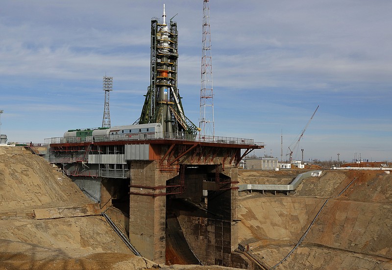 Russia's Soyuz-FG booster rocket with the space capsule Soyuz TMA-16M sits on the launch pad on Friday, March 27, 2015, before the launch. 