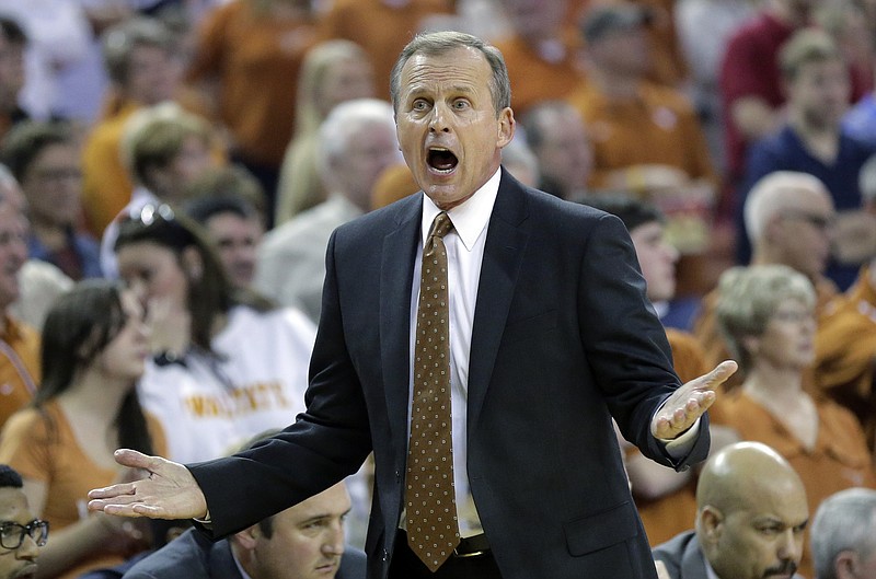 
              FILE - In this Feb. 2015, file photo, Texas head coach Rick Barnes calls to his players during the first half of an NCAA college basketball game against Iowa State in Austin, Texas. Barnes, who shaped Texas into a national basketball power with three Big 12 championships and 16 NCAA Tournament appearances in 17 years, will be released after yet another quick exit from the postseason, people with knowledge of the decision told The Associated Press on Saturday. (AP Photo/Eric Gay, File)
            