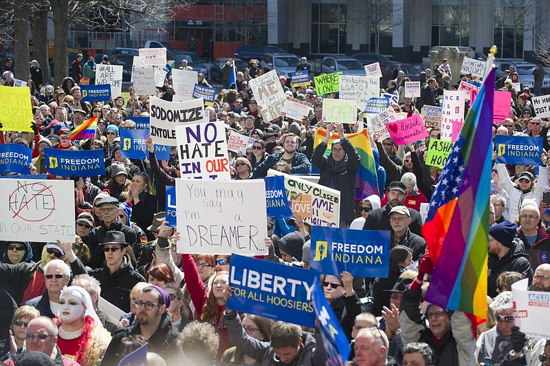 Thousands of opponents of Indiana Senate Bill 101, the Religious Freedom Restoration Act, gathered on the lawn of the Indiana State House to rally against that legislation Saturday, March 28, 2015. 