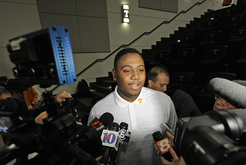 Shy Tuttle, defensive tackle, and early enrollee in University of Tennessee's 2015 football class, is interviewed at the Anderson Training Center in Knoxville in this Jan. 14, 2015, file photo. (ADAM LAU/NEWS SENTINEL)