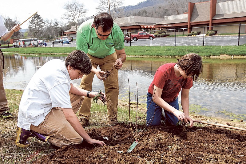Michael Spehar, center, helps eighth-graders Gerek Evans, left, and Imani Pelton plant native plants around a wetlands-type stormwater filtration and drainage system behind the Four Squares Business Center. Students from Skyuka Hall planted native bushes and plants around the wetlands pond to attract butterflies, particularly endangered monarchs, and improve the quality of the water.