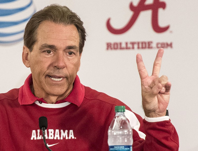 Alabama Coach Nick Saban discusses Jonathan Taylor's dismissal, Geno Smith's second chance and other issues after spring NCAA football practice, Monday, March 30, 2015, at the Mal Moore Athletic Facility in Tuscaloosa, Ala.