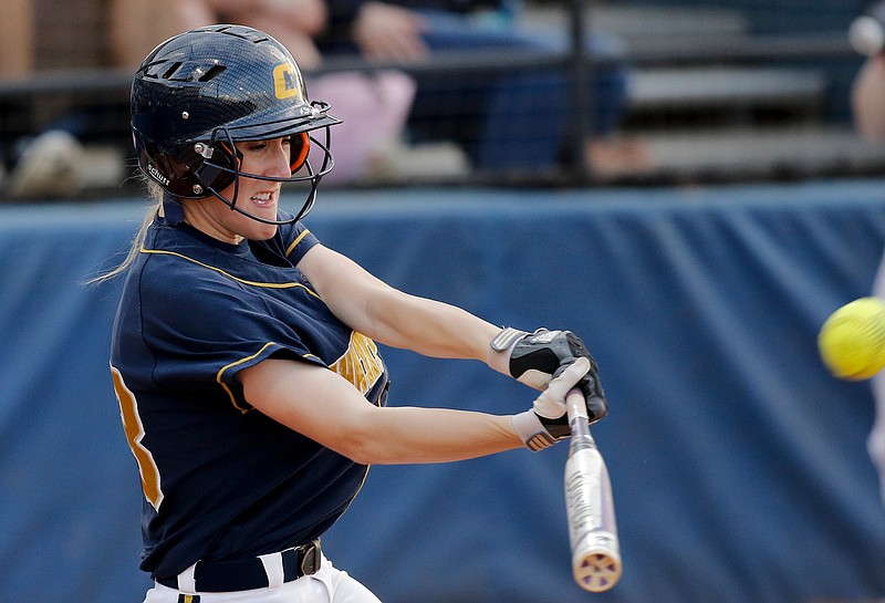 UTC's Criket Blanco hits a 3-run homer in the 4th to take UTC to a 3-1 lead during the Mocs' non-conference softball game against the Tennessee Tech Golden Eagles on Tuesday, March 31, 2015, at Jim Frost Stadium in Chattanooga, Tenn.