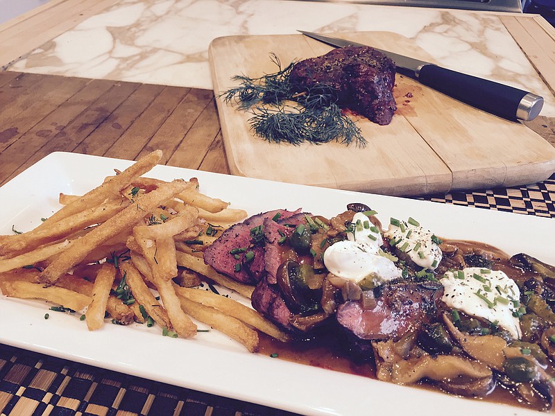 For our version of Beef Stroganoff, we grilled the beef tenderloin pieces and poured the sauce over the sliced meat. Instead of pasta, we had shoestring fries.