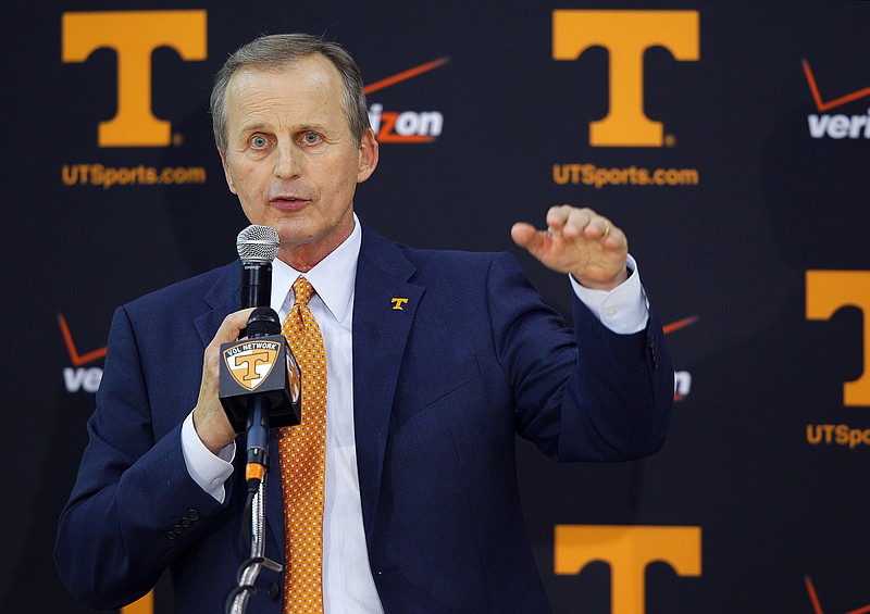 Former University of Texas head basketball coach Rick Barnes addresses reporters after being named head coach at the University of Tennessee on Tuesday, March 31, 2015, in Knoxville.