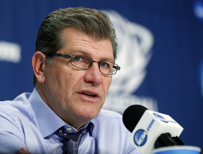 
              Connecticut head coach Geno Auriemma speaks during a news conference after his team's 91-70 win over Dayton in a regional final game in the NCAA women's college basketball tournament on Monday, March 30, 2015, in Albany, N.Y. (AP Photo/Mike Groll)
            