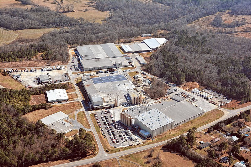 A new solar array on the roof of a Mohawk Industries building, pictured center, in Summerville, Ga., will produce around 628,000 kilowatt-hours of electricity a year, roughly enough to power around 55 homes annually.
