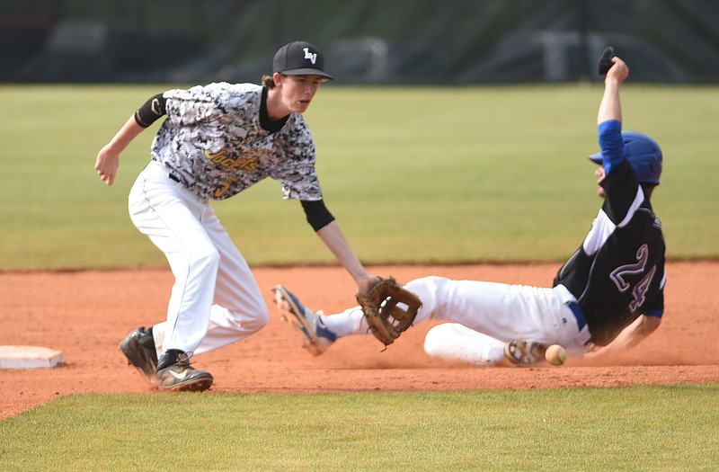 Boyd-Buchanan baserunner Josh Antwine steals second base as Lookout Valley second baseman Riley Phillips takes the late throw during an 8-3 Boyd-Buchanan win over Lookout Valley in the Yellow Jacket Classic baseball tournament Thursday, April 2, 2015, in Chattanooga.