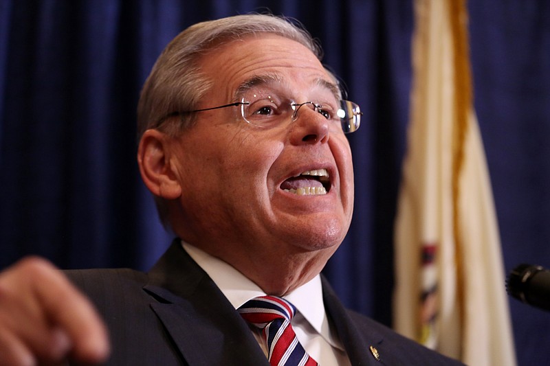 
              U.S. Sen. Bob Menendez speaks during a news conference, Wednesday, April 1, 2015, in Newark, N.J. Menendez, the top Democrat on the U.S. Senate Foreign Relations Committee, was indicted on corruption charges, accused of using his office to improperly benefit an eye doctor and political donor. (AP Photo/Craig Ruttle)
            