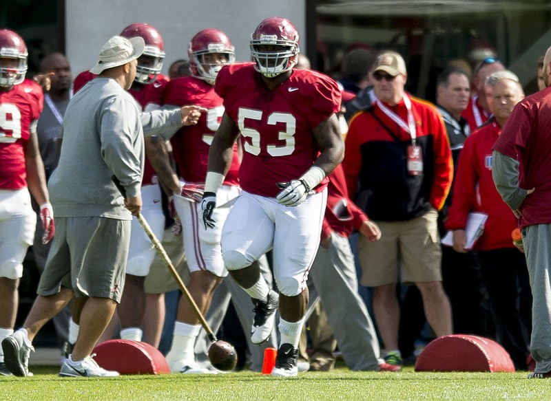 Alabama defensive lineman Jonathan Taylor (53) works through drills during spring practice at the Thomas-Drew Practice Fields in Tuscaloosa, Ala., in this March 27, 2015, photo. 