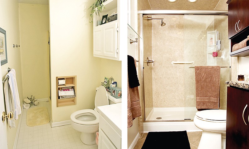 These before-and-after shots show how the installation of a glass shower elongates sight lines, cre- ating the illusion of a larger room. The privacy partition in the "before" photo shortens the room.