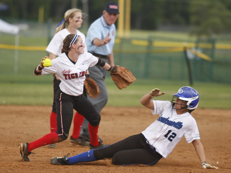 Gordonsville's Briona Inman is out at 2nd as Whitwell shortstop Alyssa Coppinger tries for the double play din this 2013 file photo.
