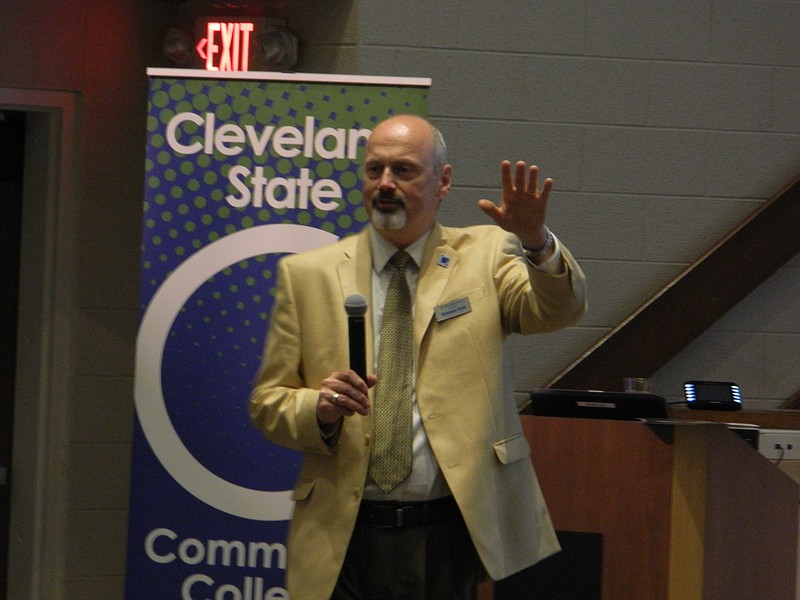 Dr. Bill Seymour, president of Cleveland State Community College, discusses highlights of the "Cleveland State 2020 Community First Plan" during a presentation at the campus on Thursday, March 2, 2015. The comprehensive plan calls for developing the college's Athen Center, re-establishing its Monroe County training center, and expanding academic programs for advanced manufacturing, agriculture and health sciences.