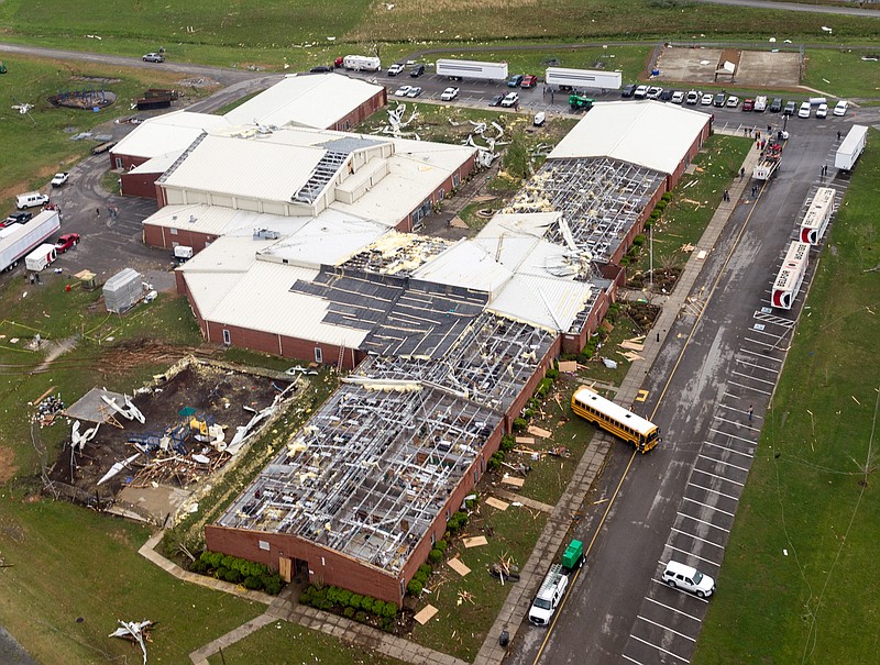 This aerial photo shows tornado damage to South Lincoln Elementary School near Fayetteville, Tenn., in this 2014, file photo. 