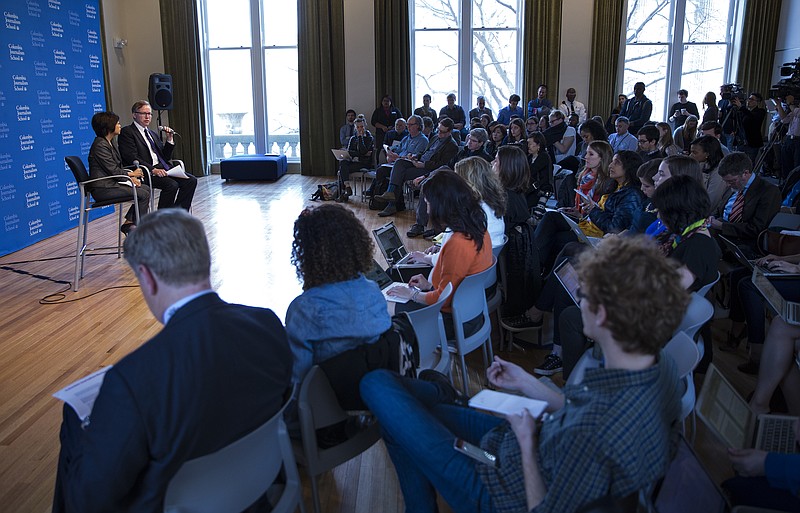 
              Columbia Journalism School Academic Dean Sheila Coronel, left, and Columbia Journalism School Dean Steve Coll give a news conference to discuss findings of a report conducted at the school surrounding Rolling Stone magazine's expose of what it called a culture of sex assaults at the University of Virginia, Monday, April 6, 2015, in New York. Rolling Stone has officially retracted the story. (AP Photo/Craig Ruttle)
            