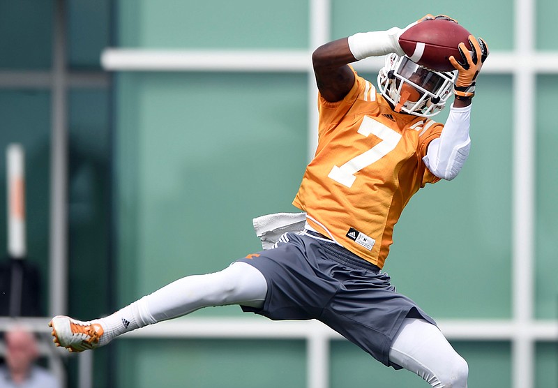 Tennessee defensive back Rashaan Gaulden hauls in a catch during spring NCAA college football practice at Haslam Field on Thursday, March 26, 2015, in Knoxville.