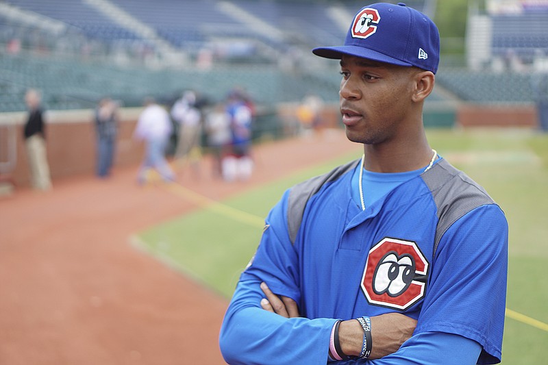 Byron Buxton is interviewed by local media organizations during the 2015 Chattanooga Lookouts media day on Tuesday, April 7, 2015.