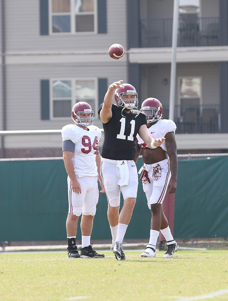 Alabama redshirt junior Alec Morris was the third-team quarterback at the end of last season, but there is no pecking order this spring among the five candidates looking to replace Blake Sims.