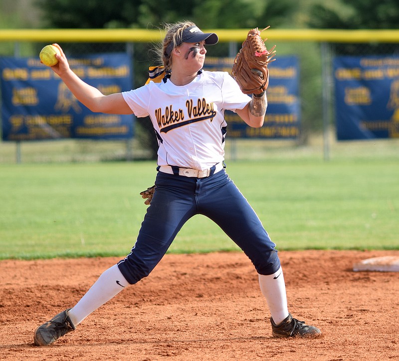 Walker Valley shortstop Hallie Davis throws a Lady Owl runner out at first on Wednesday, April 8, 2015., at Walker High in Charleston, Tenn.