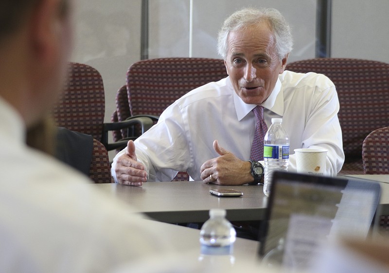 Senator Bob Corker speaks to reporters and editors during an editorial board meeting at the Chattanooga Times Free Press on April 9, 2015. 