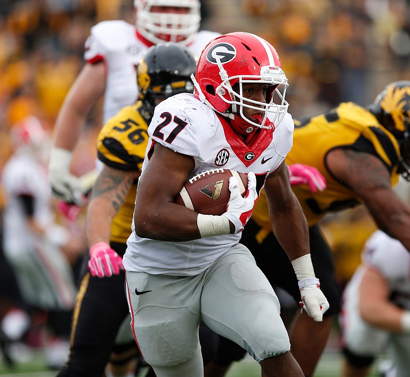 Nick Chubb carried the ball 38 times during Georgia's win at Missouri last season, but he may not get five rushes this afternoon in the annual G-Day spring game in Sanford Stadium.

