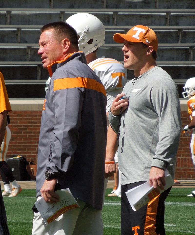 Tennessee football coach Butch Jones looks on as the Volunteers practice inside Neyland Stadium on Saturday, April 11, 2015.