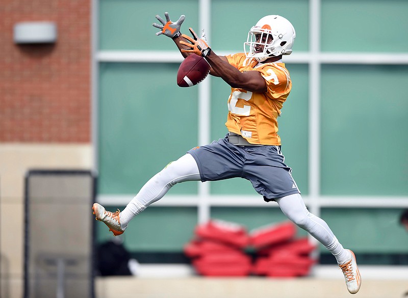 Tennessee defensive back Malik Foreman (22) bobbles a pass during spring practice at Haslam Field on March 26, 2015, in Knoxville.