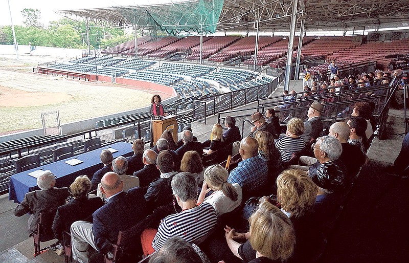 Becky Browder, with the Engel Foundation, speaks at a news conference about bringing new life to the historic Engel Stadium as an intramural facility in this file photo.