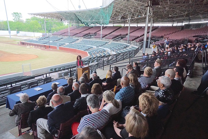 Becky Browder, with the Engel Foundation, announces a partnership with the foundation, UTC, the city of Chattanooga, Hamilton county and others to bring new life to the Historic Engel Stadium as an intramural facility while at the ballpark.