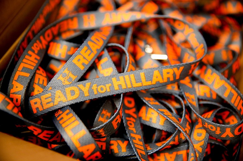 Hillary Clinton "Ready for Hillary" dog leashes sit in a box at the Ready for Hillary Super Pac offices in Arlington, Va., on Friday.