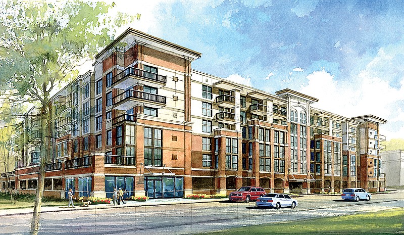 An artist's rendering shows the proposed 220-unit apartment complex at 1400 Chestnut St.