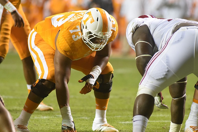 Tennessee's Jashon Robertson lines up against Alabama.