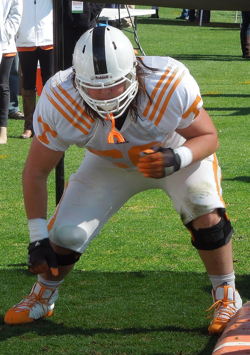 Tennessee freshman offensive tackle Jack Jones comes off the ball during a drill during the Volunteers' practice on March 28, 2015