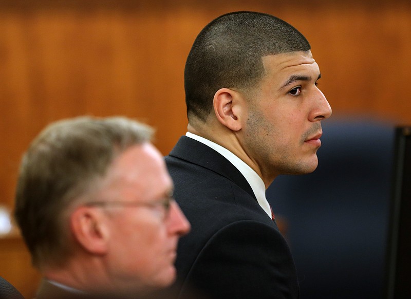 Former New England Patriots NFL football player Aaron Hernandez, right, sits besides his attorney Charles Rankin during deliberations in his murder trial, Tuesday, April 14, 2015, at Bristol County Superior Court in Fall River, Mass. Hernandez is accused of killing Odin Lloyd in June 2013. 