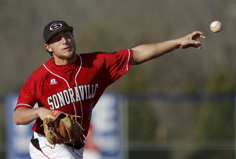 Sonoraville's Thad Harris pitches during their Region 6-AAA baseball game against Ringgold on April 1, 2015, at Ringgold High School in Ringgold, Ga.