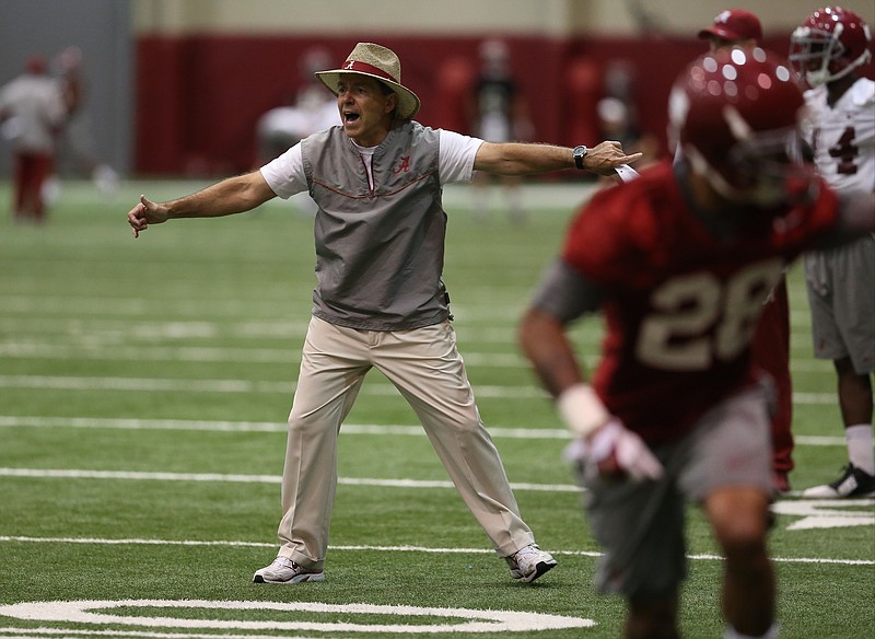 Alabama football coach Nick Saban shouts instructions during Thursday's indoor practice in Tuscaloosa.