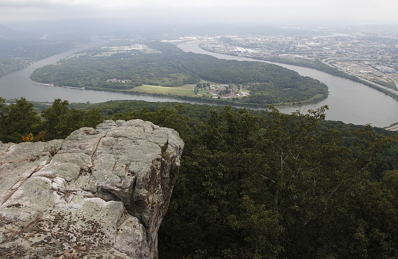 The Tennessee River snakes around Moccasin Bend in this view of Chattanooga from Point Park on Lookout Mountain.